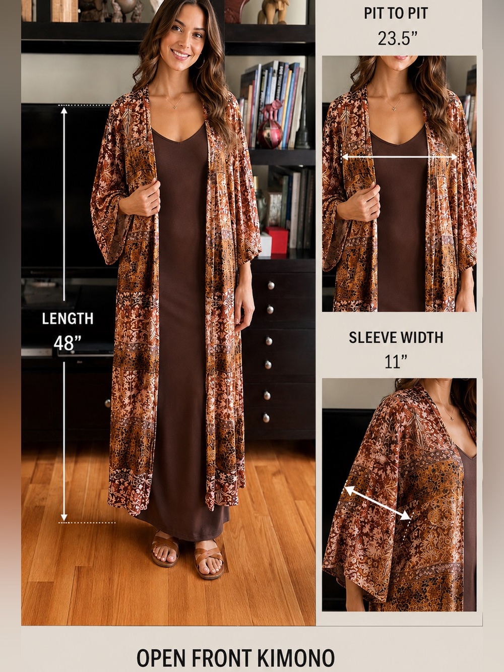 Kimono Long Imperial Print Brown- Rhea Fashion Size L-XL - Picture 2 of 8